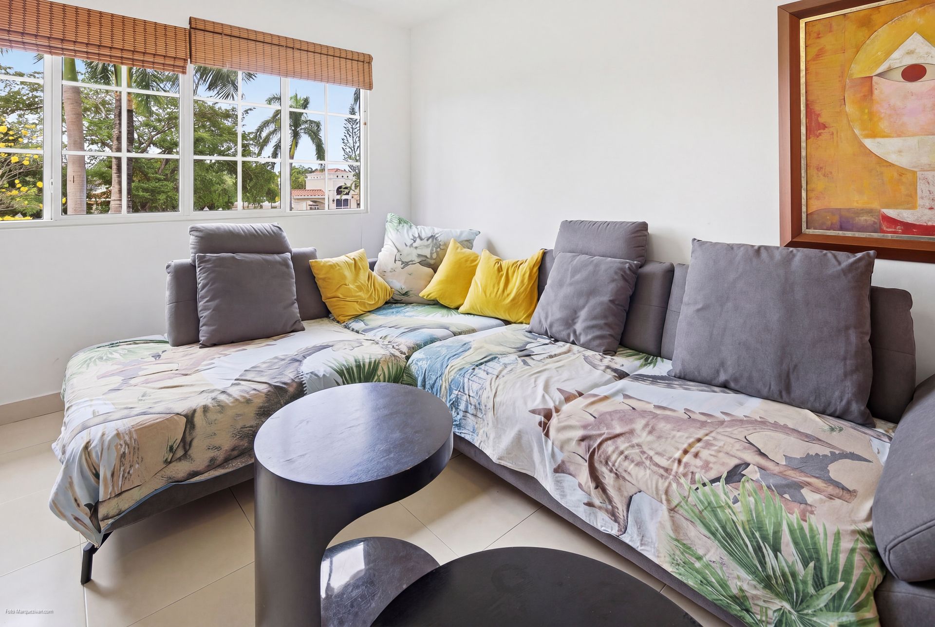 Costa del Este living room as captured on-site before digital declutter, Panama luxury real estate photography.