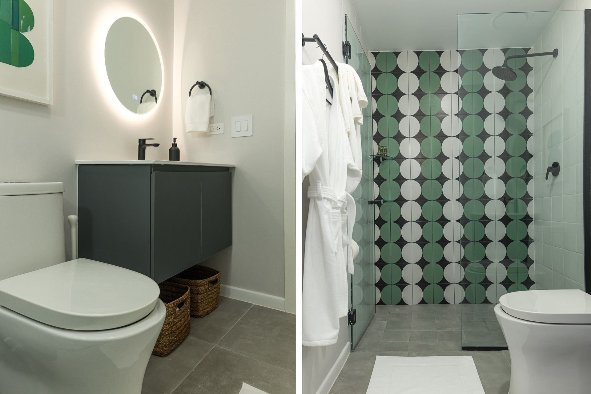 Bathroom with a floating vanity, round mirror, and patterned shower wall.real estate photos by ivan marquez panama