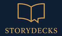 A logo for story decks with an open book and a speech bubble