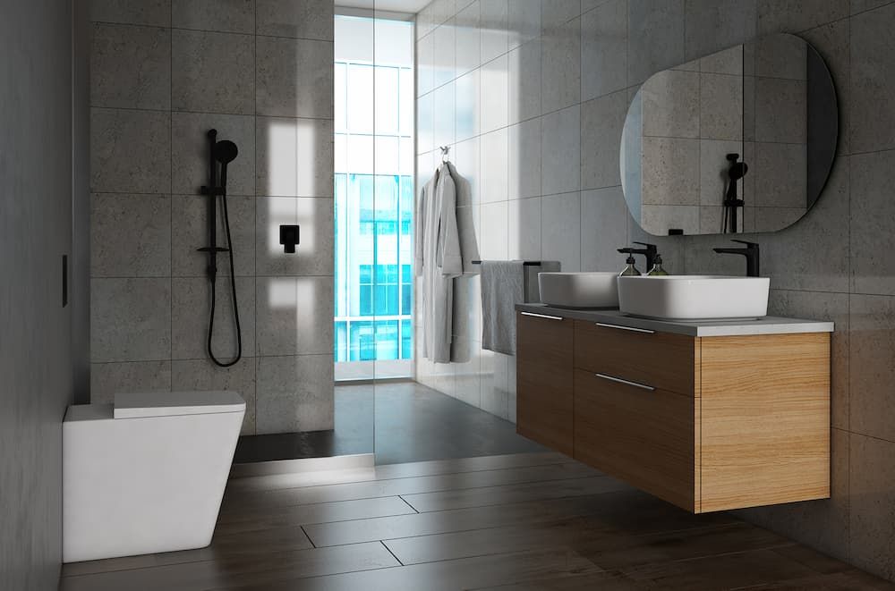 Floating Vanity Cabinet With Sink And Mirror — Coffs Coast Designer Bathrooms in Toormina, NSW