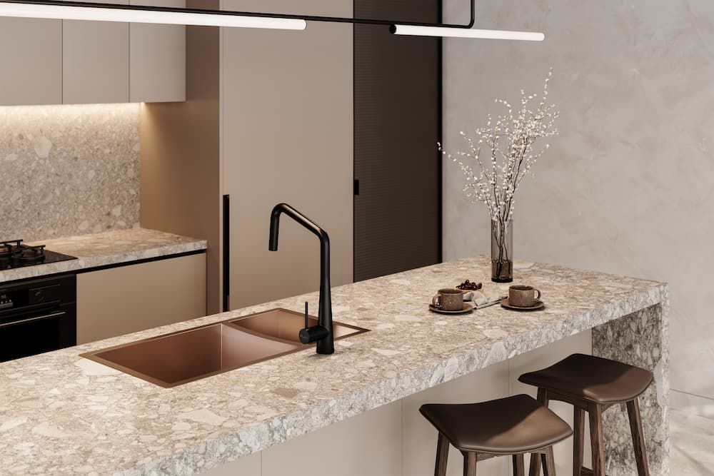 An Classy Kitchen With A Sink, Stove, Counter And Kitchenware — Coffs Coast Designer Bathrooms in Toormina, NSW