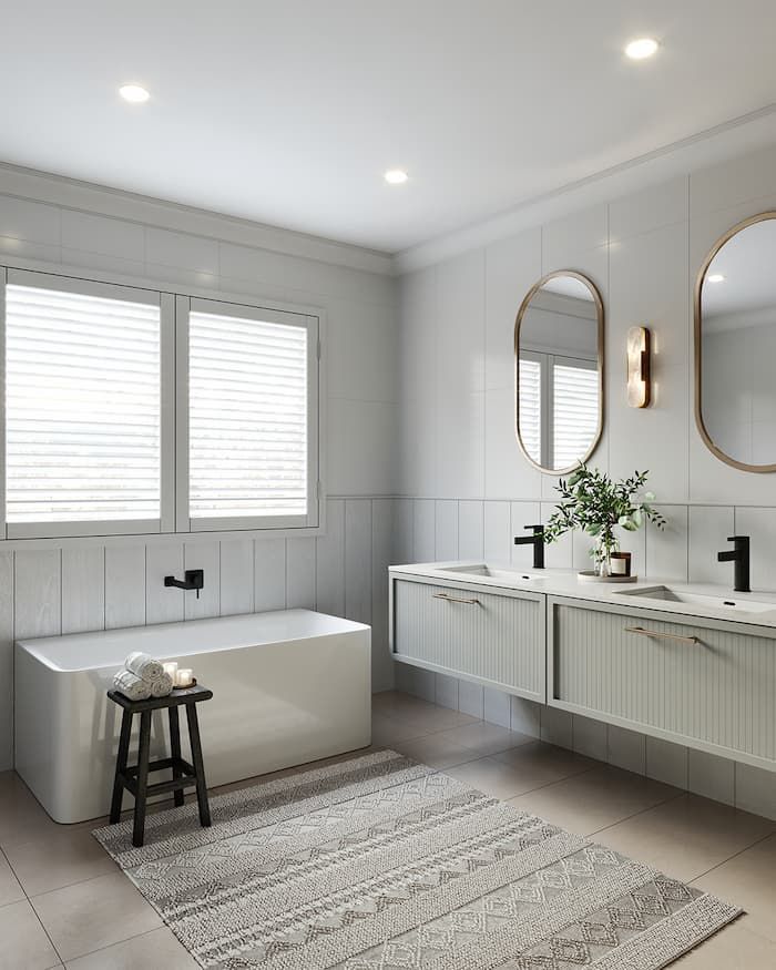A Bathroom With A Bathtub, Sinks, Mirrors And A Rug — Coffs Coast Designer Bathrooms in Toormina, NSW