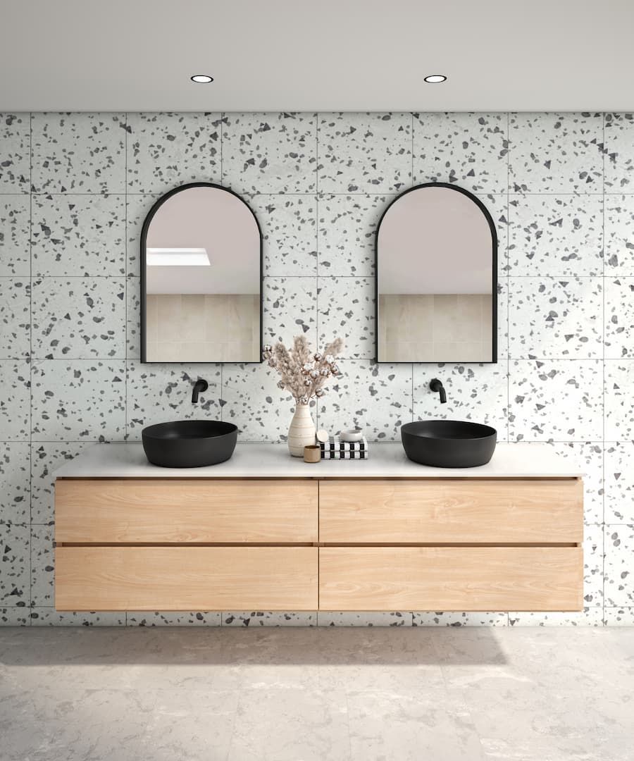 Modern Powder Room With Black Matte Sink And Faucet — Coffs Coast Designer Bathrooms in Toormina, NSW