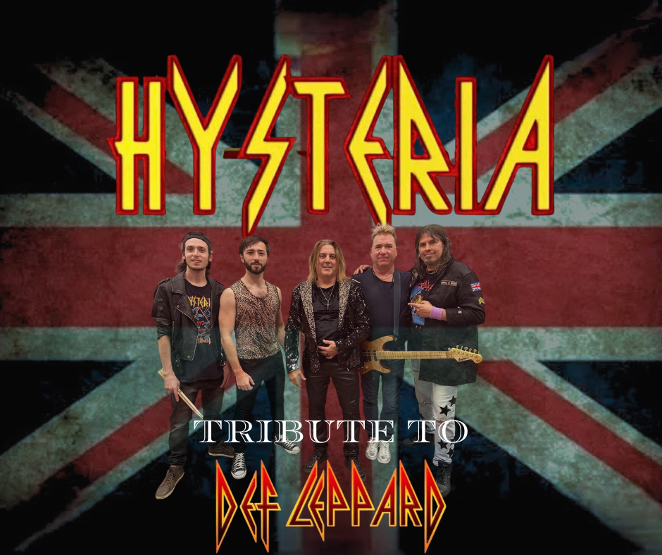 Members of the band in front the Hysteria Montreal's Logo