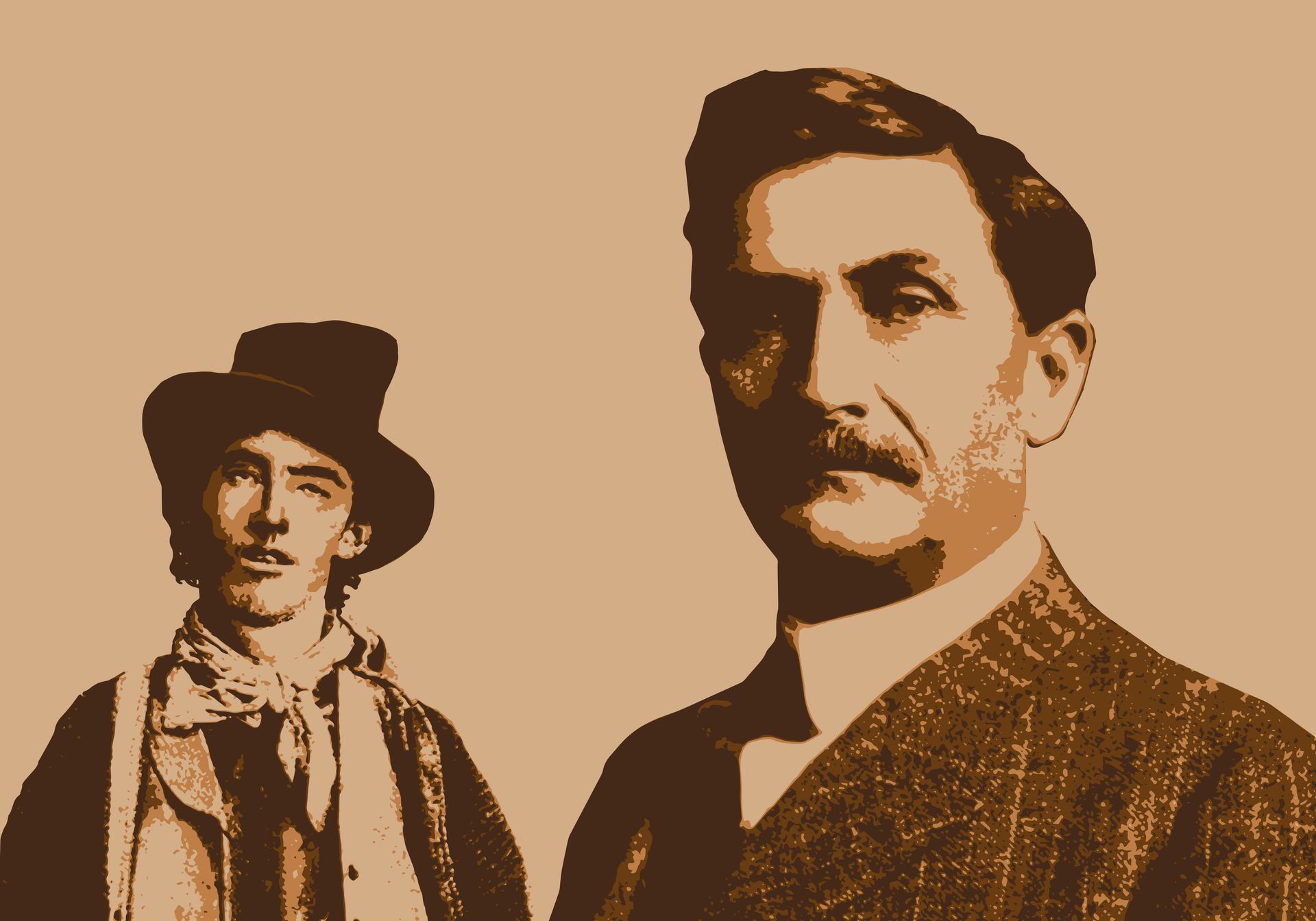 Two men, sepia-toned: one young in a hat, the other older with a mustache.