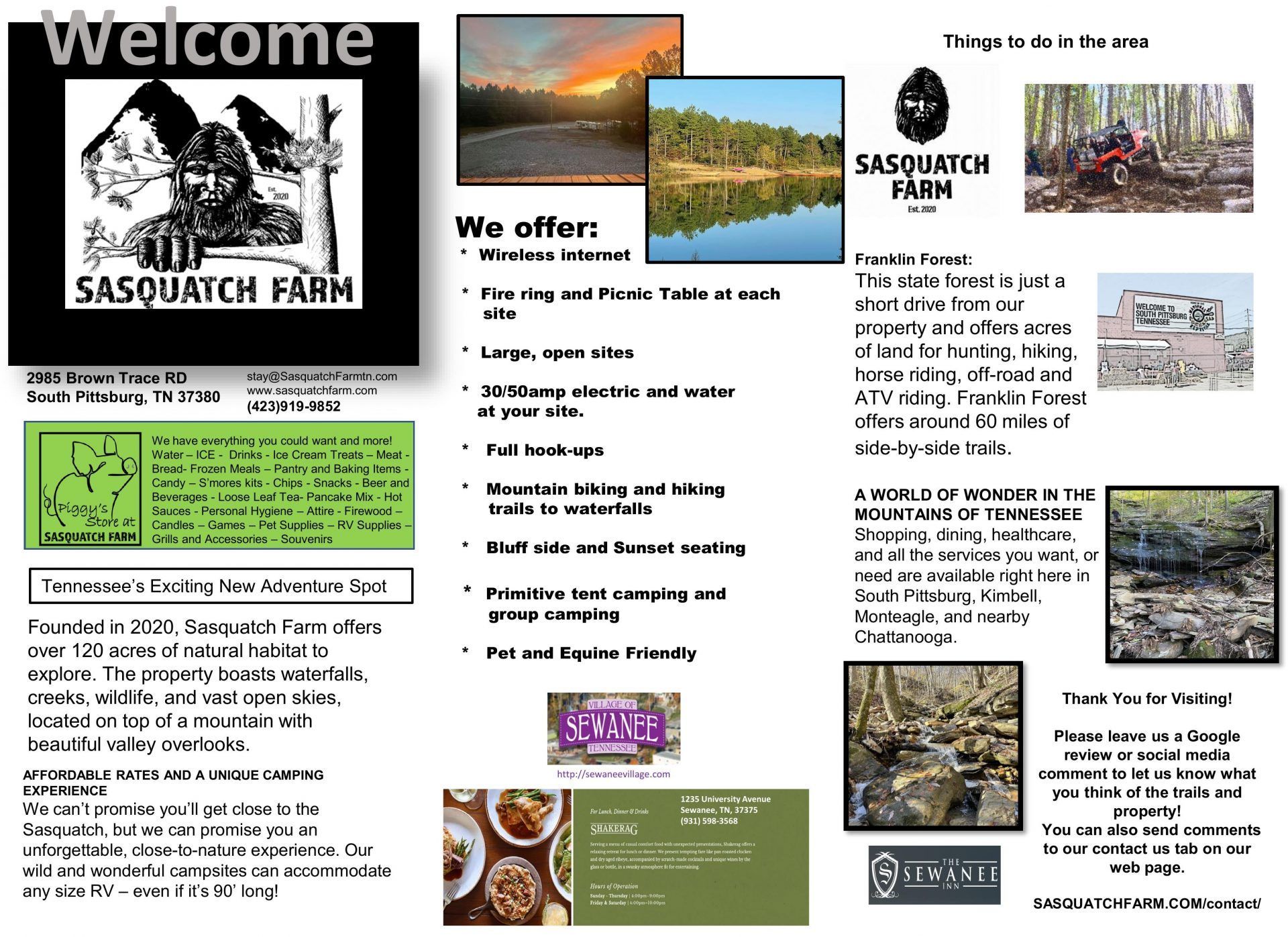 A brochure for the sasquatch farm is open to a page that says welcome