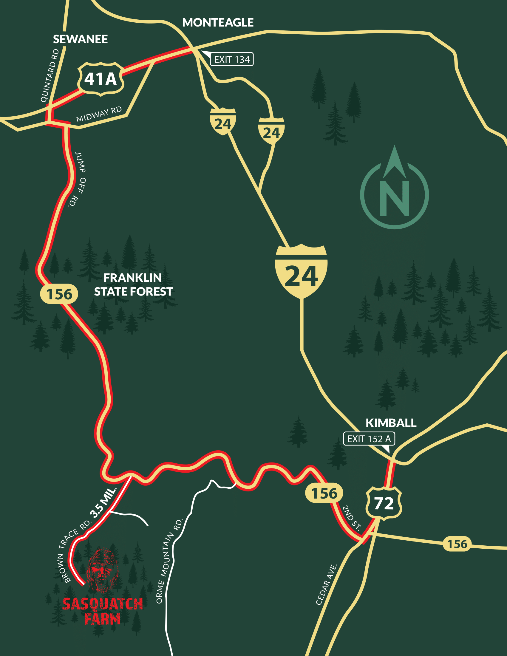 A map showing a route to a state forest