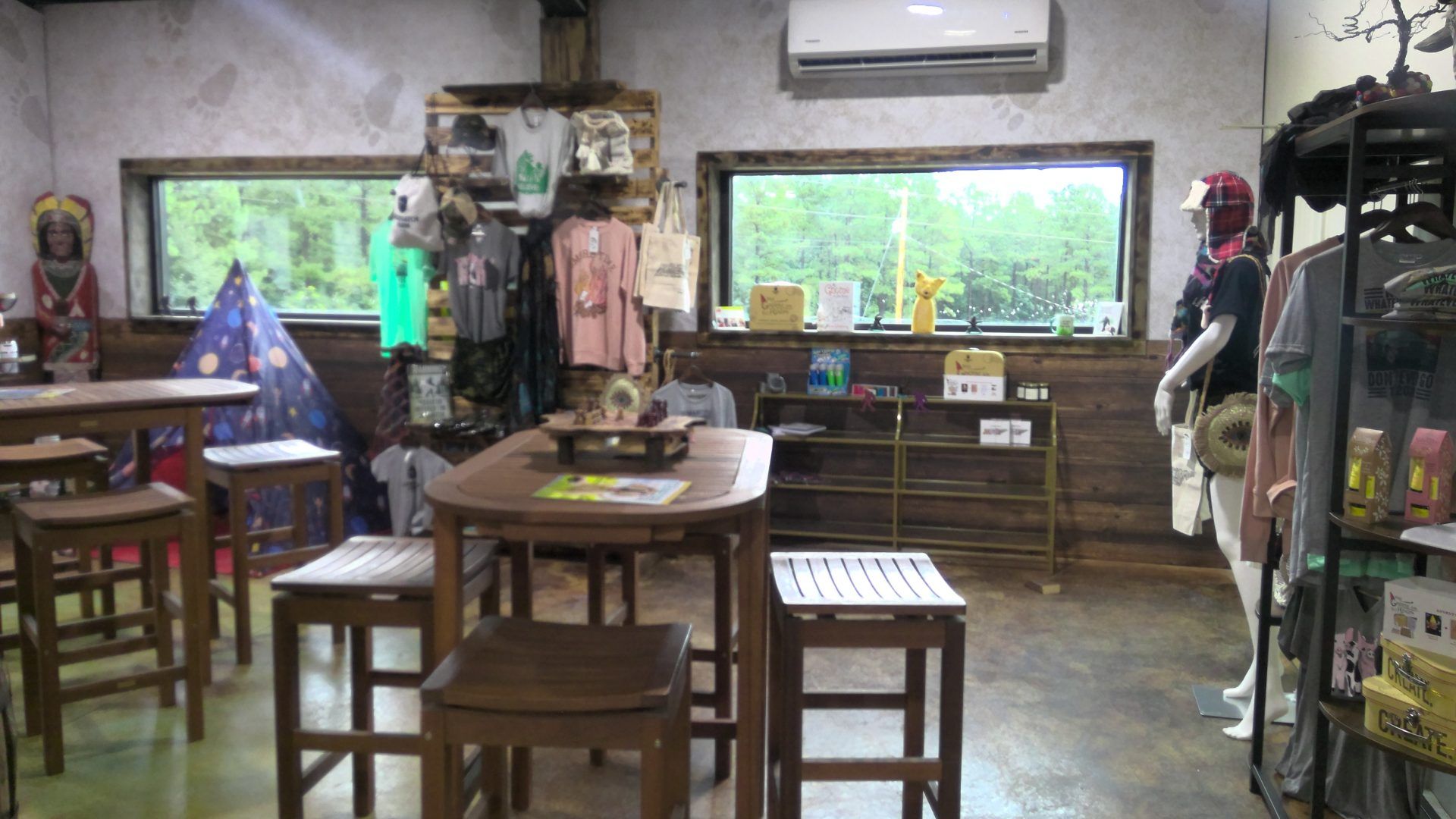A room with tables , chairs , and a window.