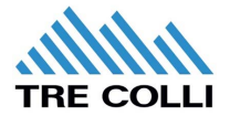 Logo blu e bianco di Tre Colli, con tre cime a forma di montagna sopra il nome dell'azienda.