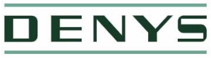 Logo della parola DENYS in un carattere sans-serif verde scuro, sopra e sotto una sottile linea verde.