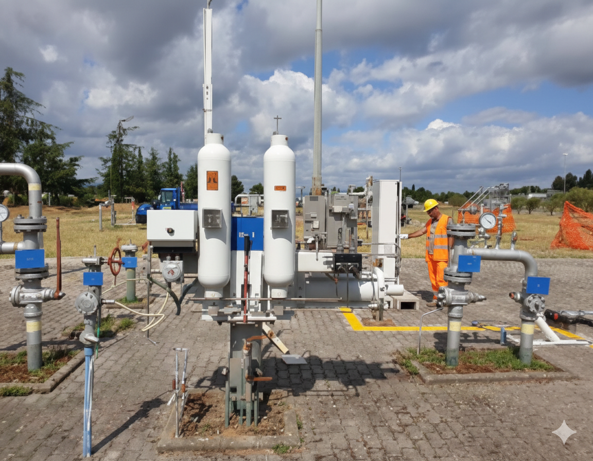 Impianto di distribuzione del gas con un operaio in tuta arancione che ispeziona le attrezzature all'aperto su un patio in mattoni.