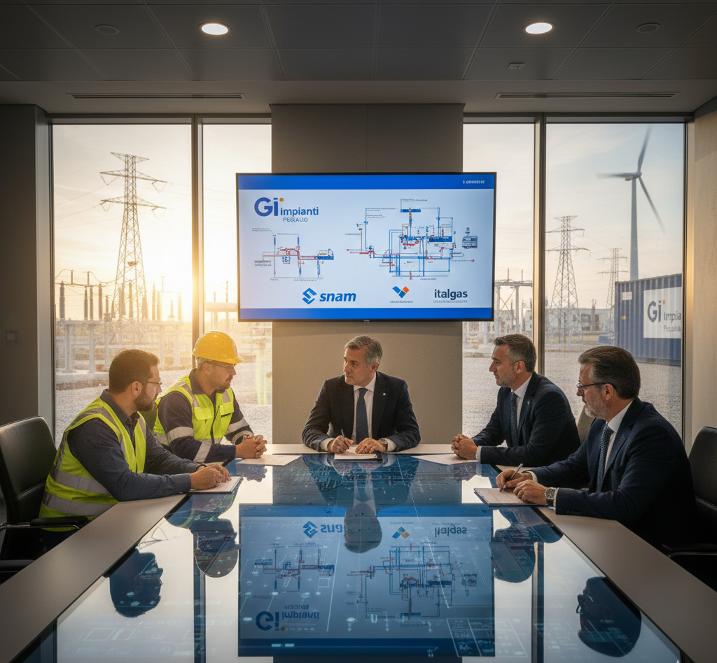 Riunione di lavoro in una sala conferenze, con vista sulle linee elettriche e sulle turbine eoliche. Presentazione sullo schermo.