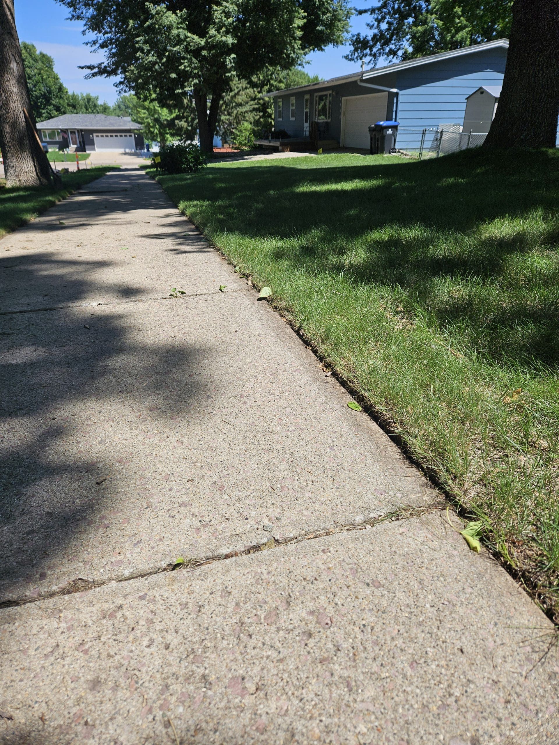 Sidewalk next to green grass in a residential area on a sunny day.