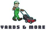 Man in green overalls mowing lawn, giving thumbs up. "Yards & More" text below.