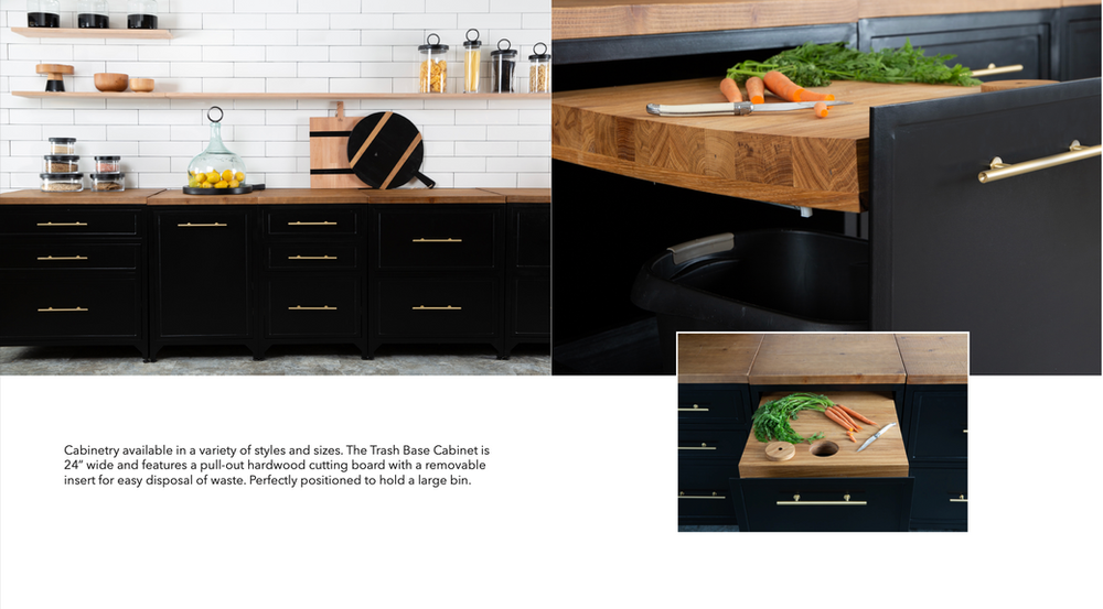 A kitchen with black cabinets and a wooden cutting board