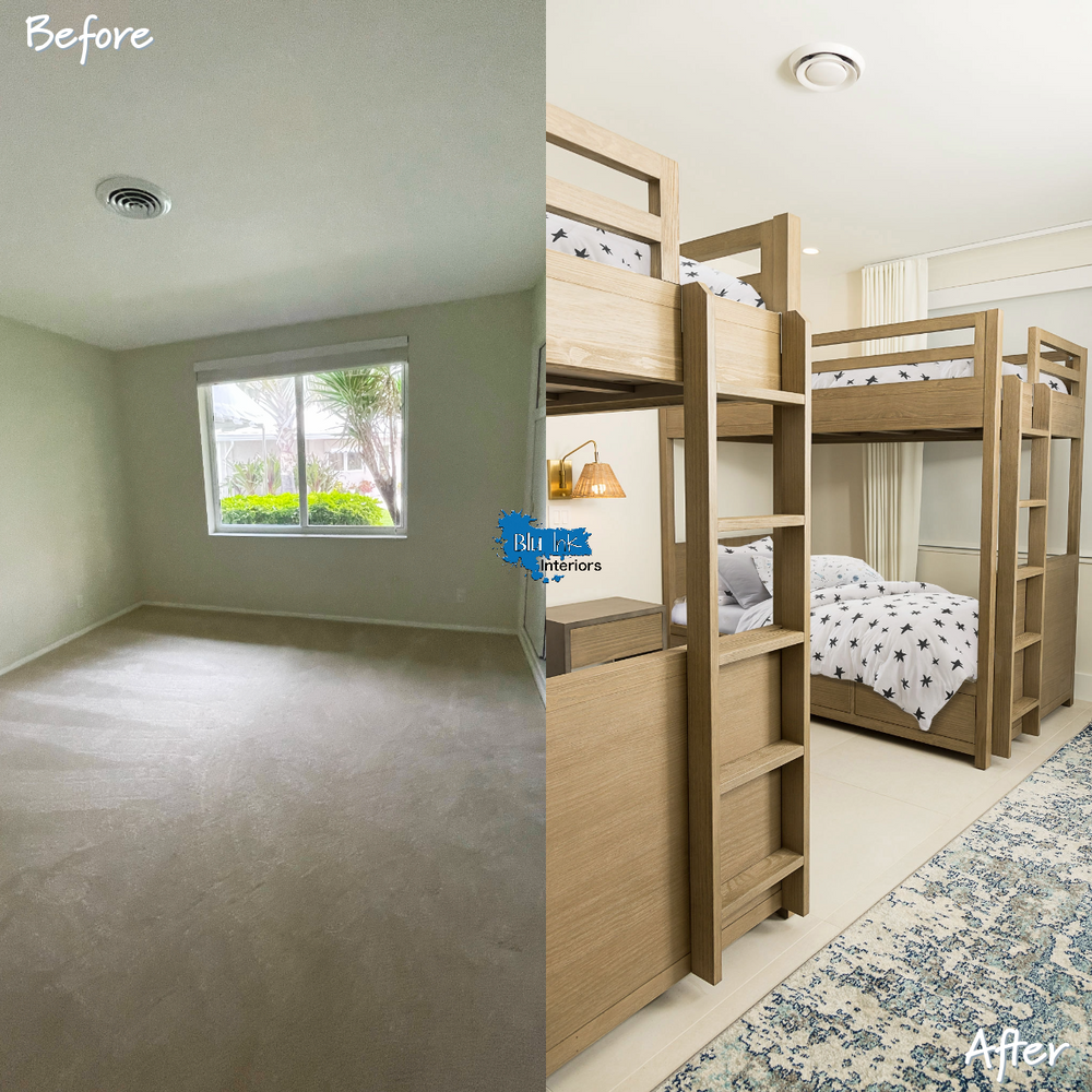 A before and after photo of a bedroom with bunk beds