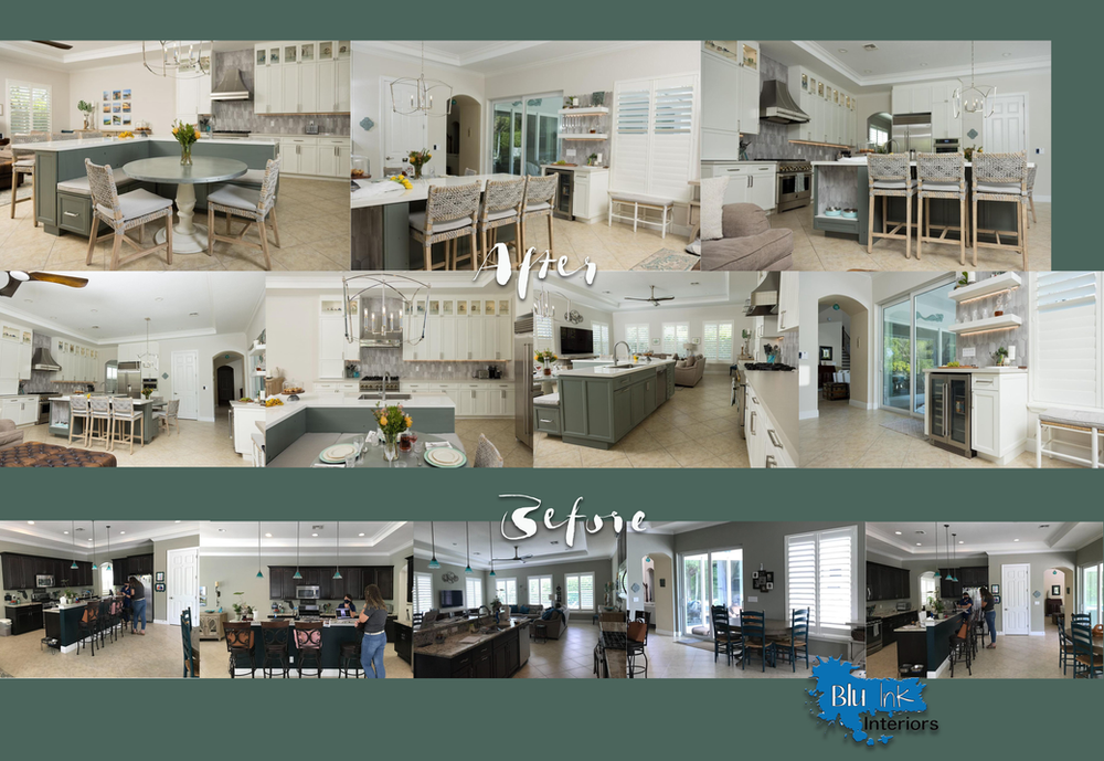 A collage of before and after photos of a kitchen.