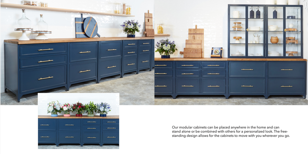 A picture of a kitchen with blue cabinets and shelves.