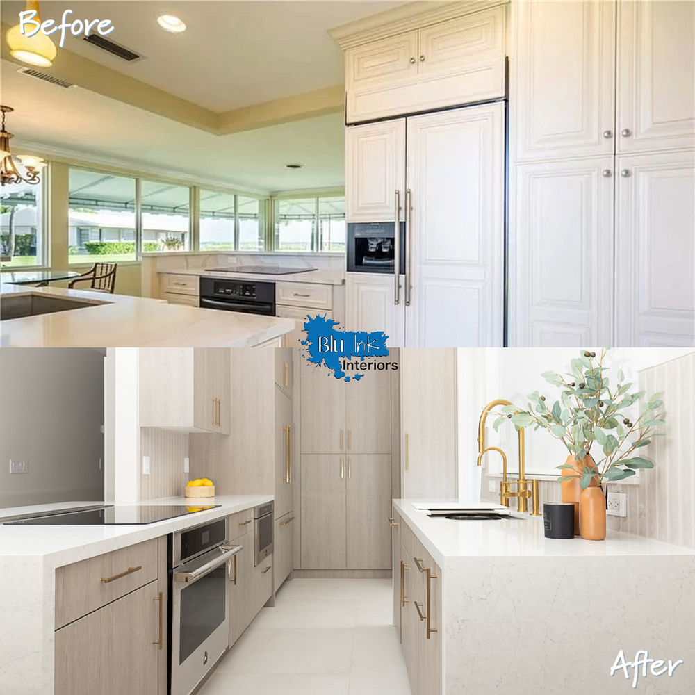 A before and after photo of a kitchen with white cabinets