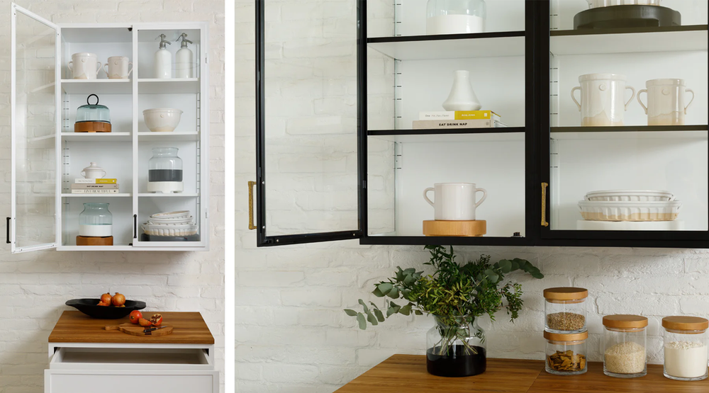 There are two pictures of a kitchen with shelves and a table.