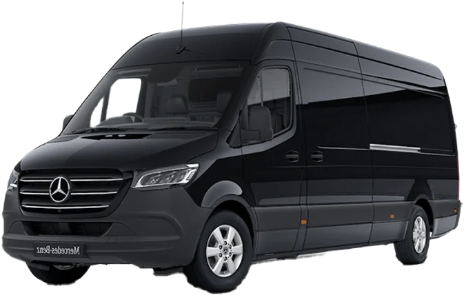 A black mercedes sprinter van is shown on a white background.