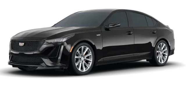 A black cadillac ct4 sedan is shown on a white background.