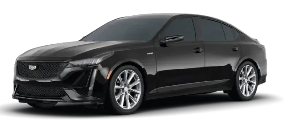 A black cadillac ct4 sedan is shown on a white background.