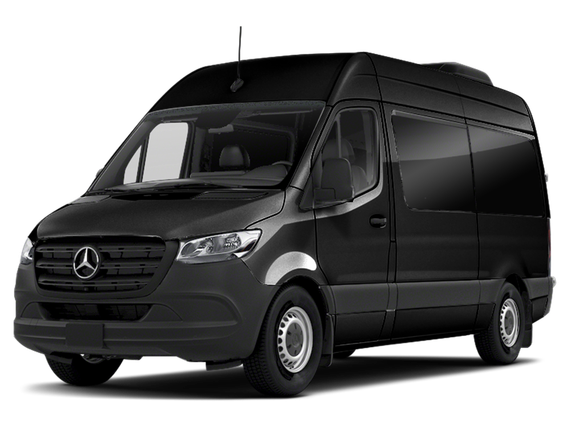 A black mercedes benz sprinter van is shown on a white background.