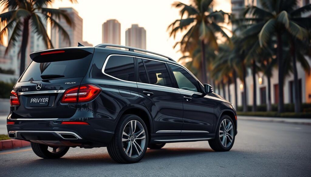 A black suv is parked on the side of the road with palm trees in the background