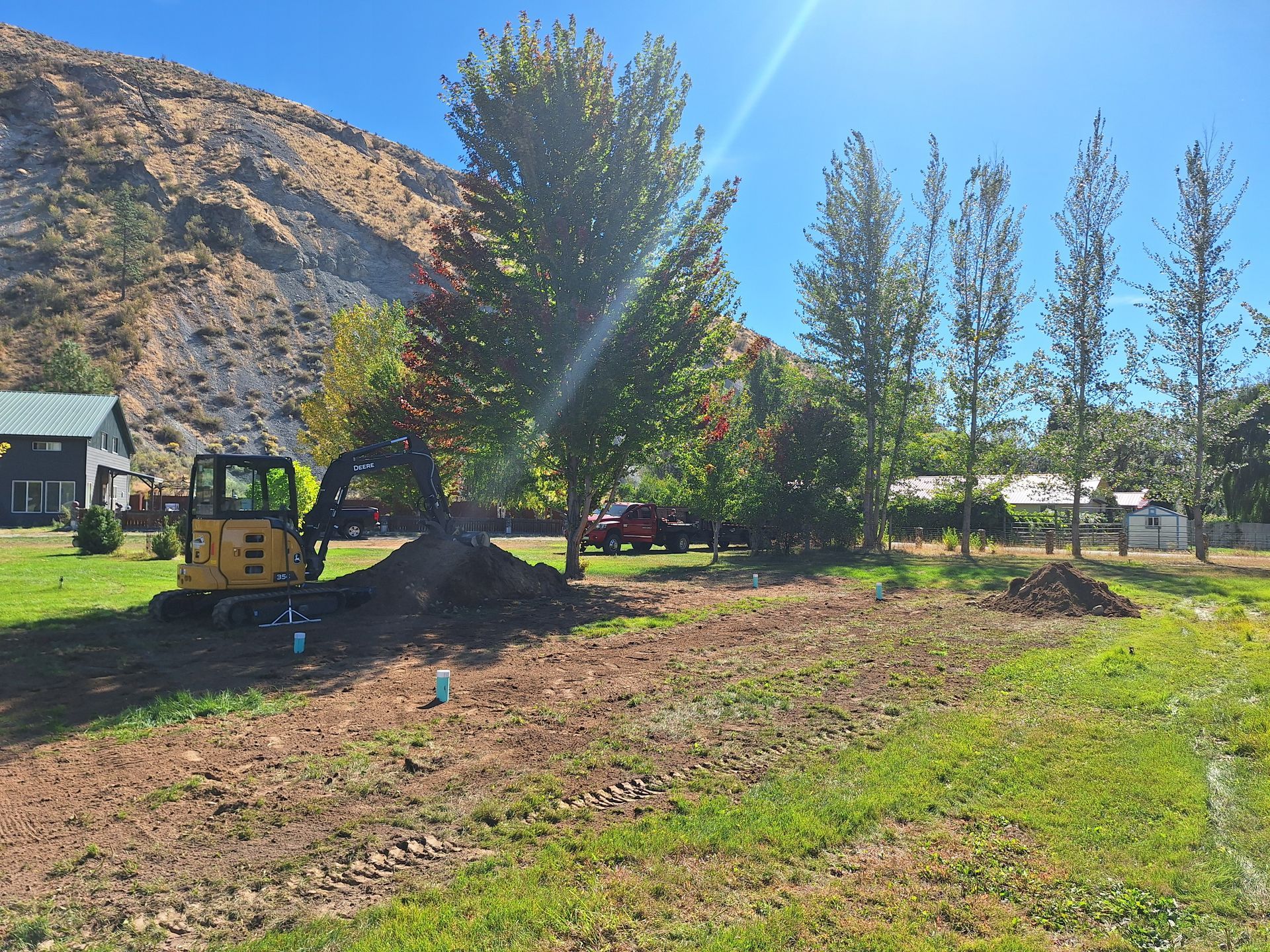 A yellow excavator on a grassy field with a small dirt pile; trees and a mountain in the background.