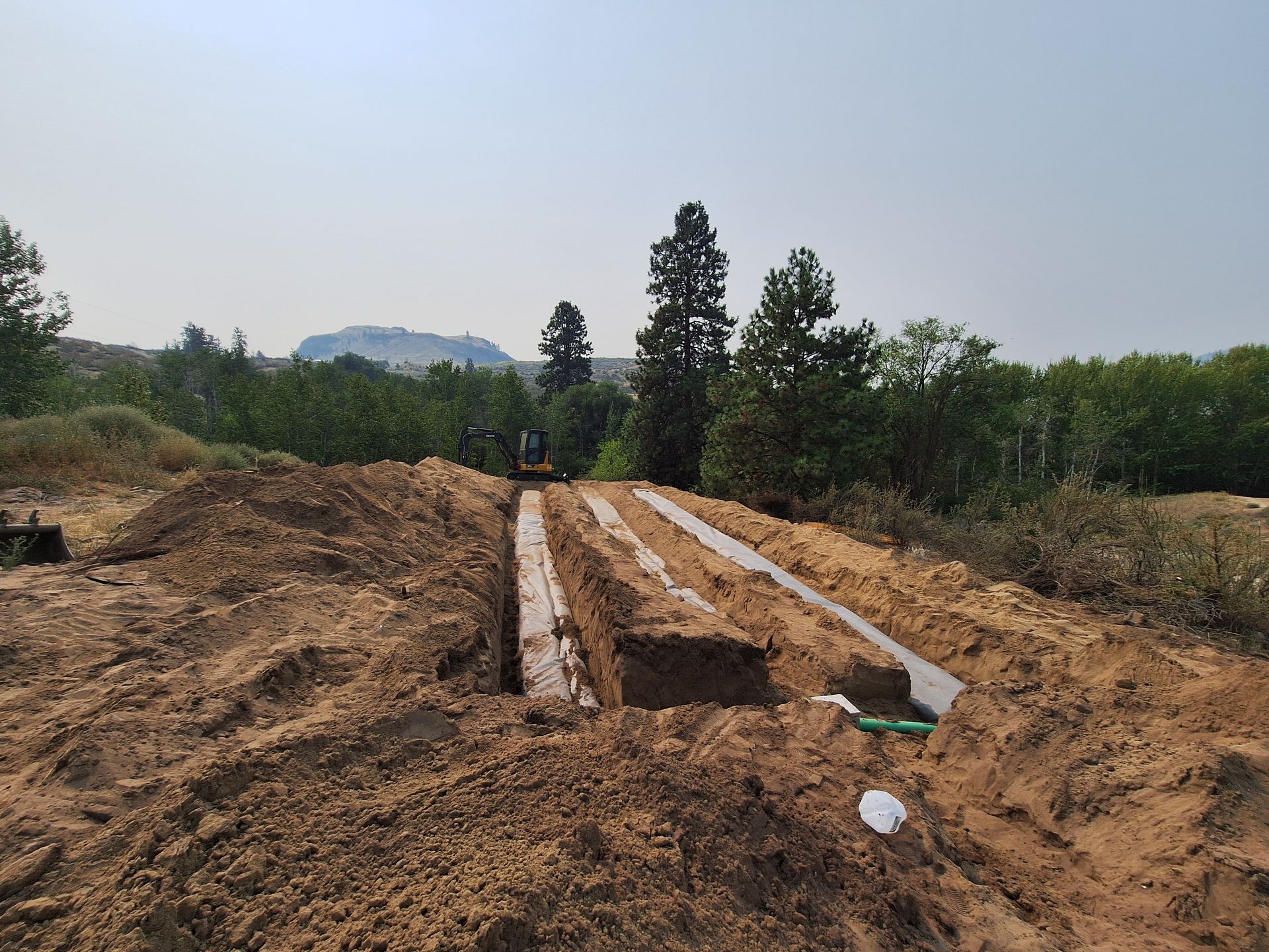 Trenches dug in brown earth, possibly for a septic system installation, with trees and a mountain in the background.