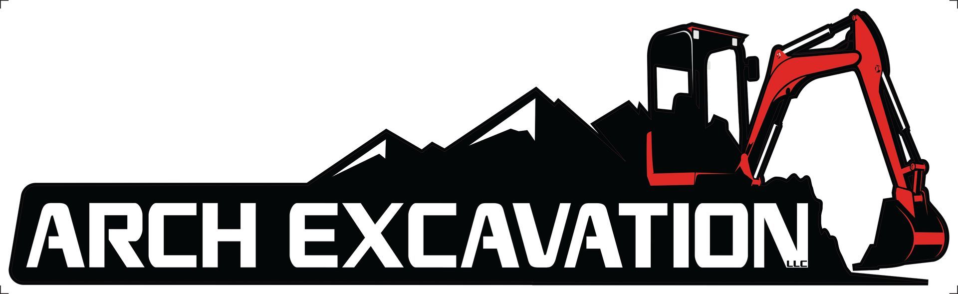 Logo for Arch Excavation featuring a black excavator silhouette, red arm and bucket, and mountains with company name.