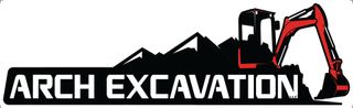 Logo for Arch Excavation featuring a black excavator silhouette, red arm and bucket, and mountains with company name.