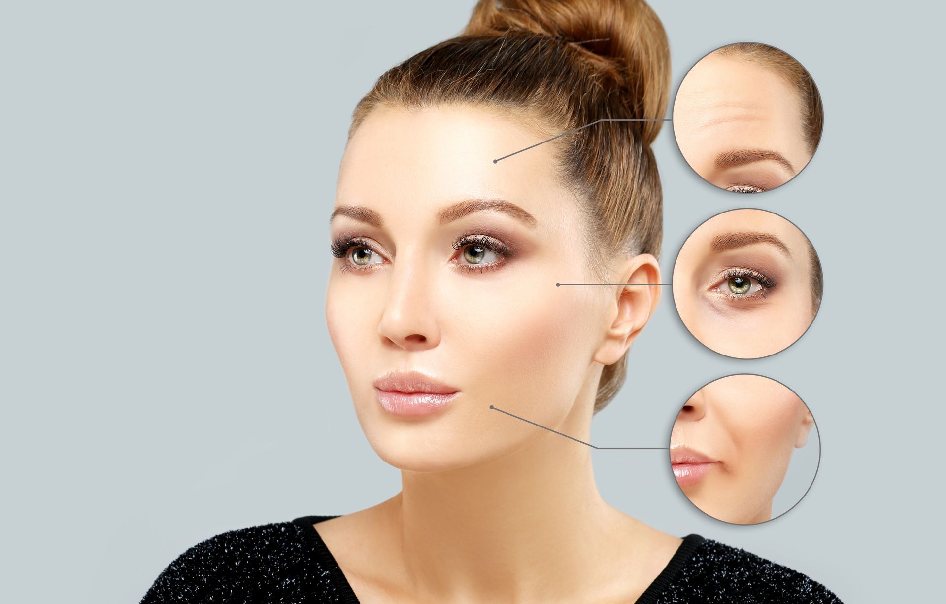 a woman 's face is shown highlighting areas for aesthetics treatments