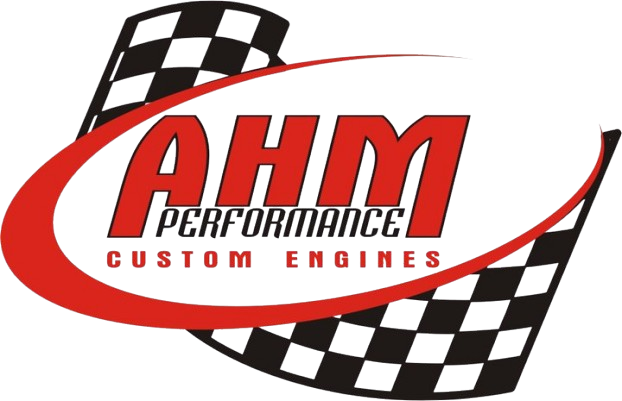 A red and white logo for ahm performance custom engines