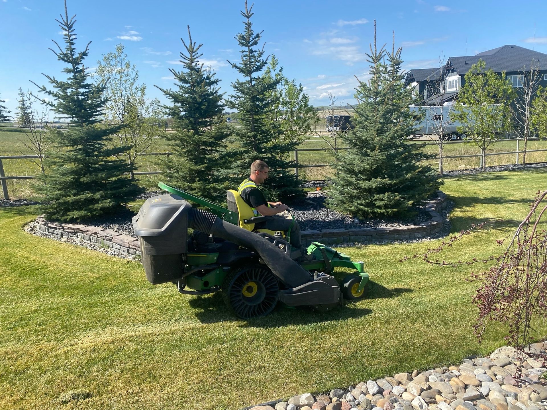 Gardener is trimming grass lawn using modern electric cordless mower