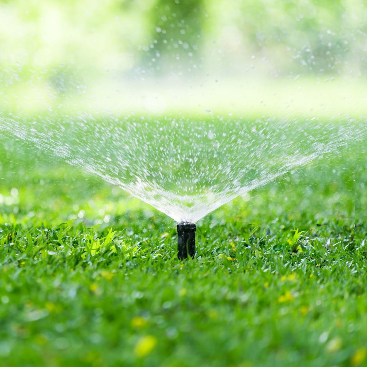 a sprinkler spraying water in a garden with a bench in the background