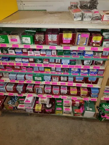 A shelf filled with lots of different types of nails and screws.