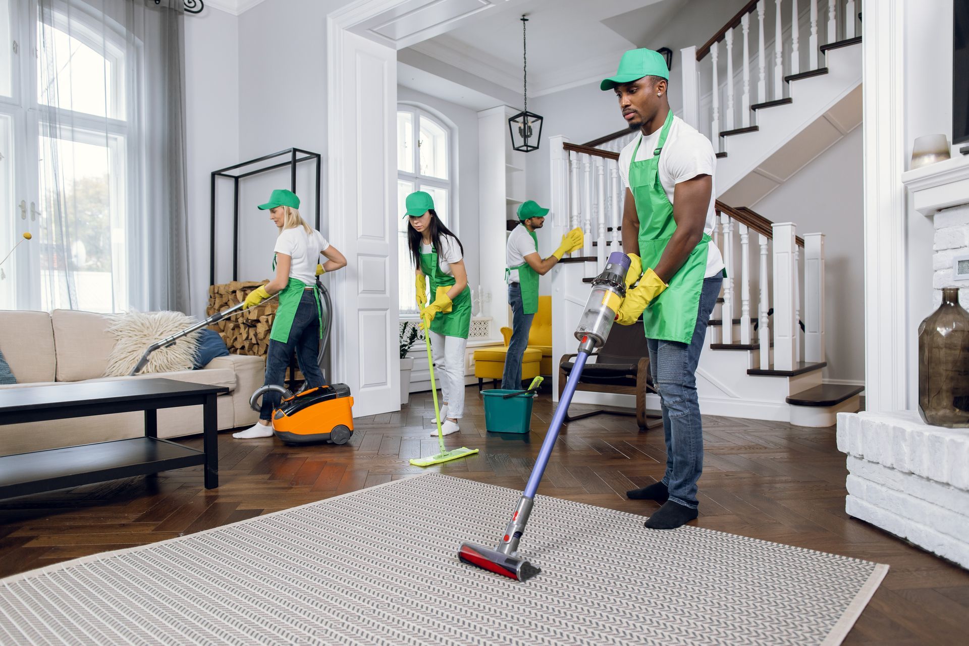 Four people cleaning a living room; one vacuums a rug, others mop/dust, wearing green aprons/caps.