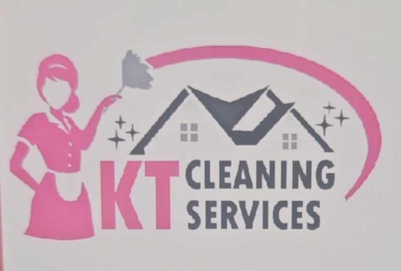 Logo: Pink woman with a feather duster over a house silhouette,