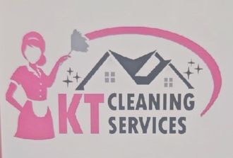 KT Cleaning Servic Logo: Pink woman with a feather duster over a house silhouette,
