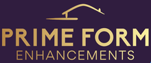 Logo for Prime Form Enhancements. Gold text and house icon on a dark purple background.