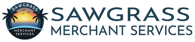 Logo for Sawgrass Merchant Services featuring a circular design with a sunset, palm trees, and company name.