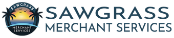 Logo for Sawgrass Merchant Services featuring a circular design with a sunset, palm trees, and company name.