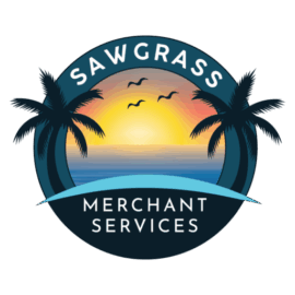 Sawgrass Merchant Services logo: sunset over ocean, palm trees, and birds within a circular blue design.