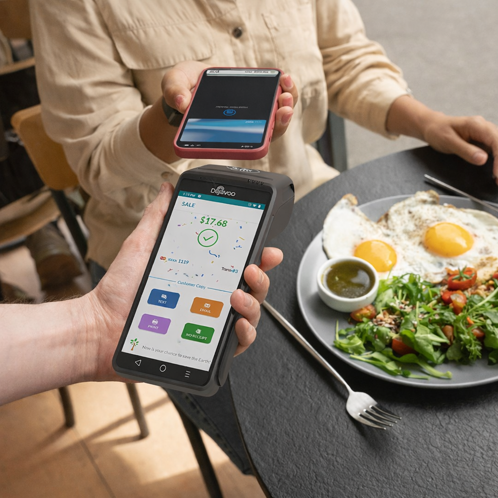POS terminal with receipt, credit card, calculator, and coins, set against a blue background, indicating a successful transaction.