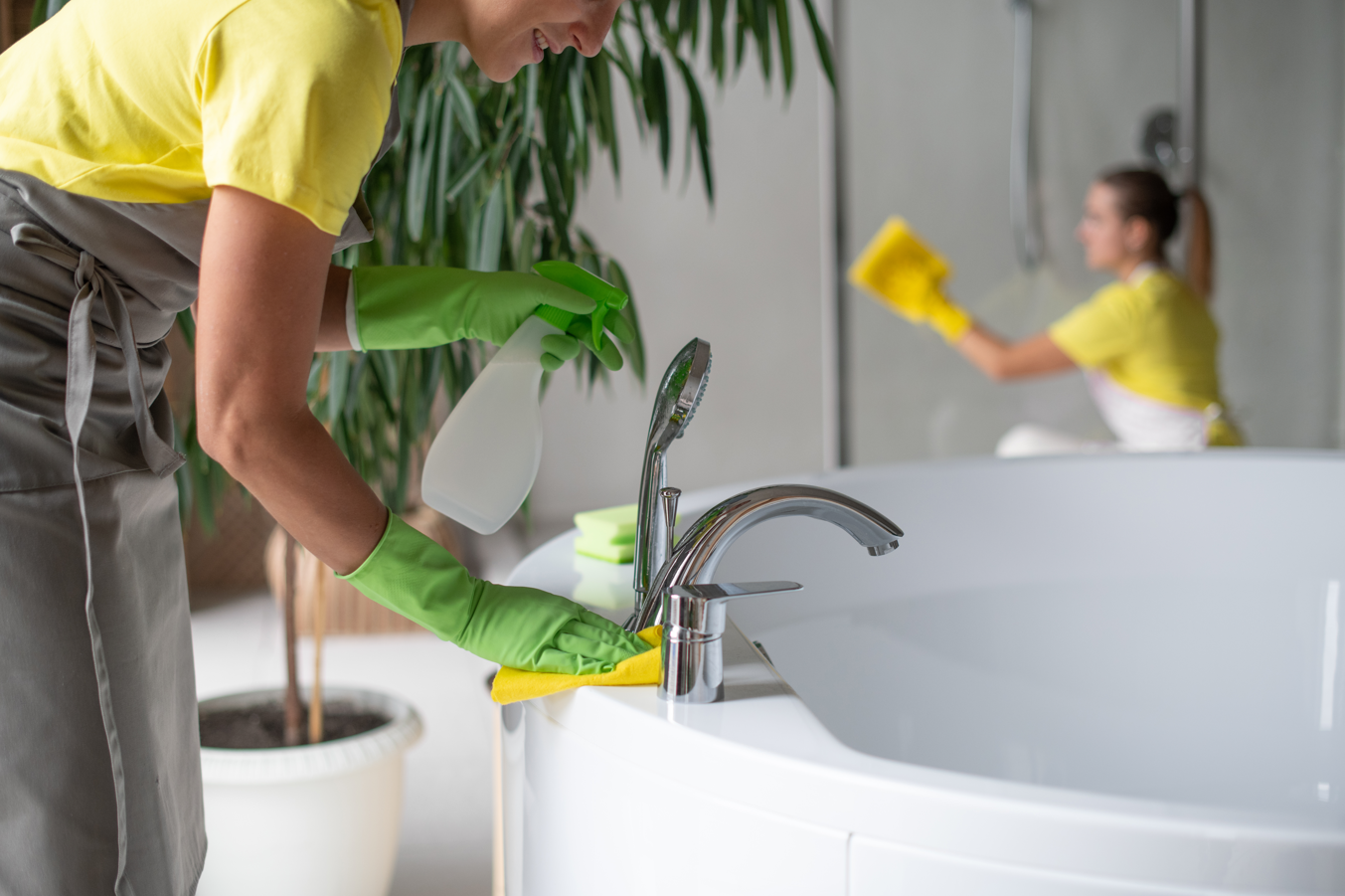 A woman is cleaning a bathtub with a spray bottle.