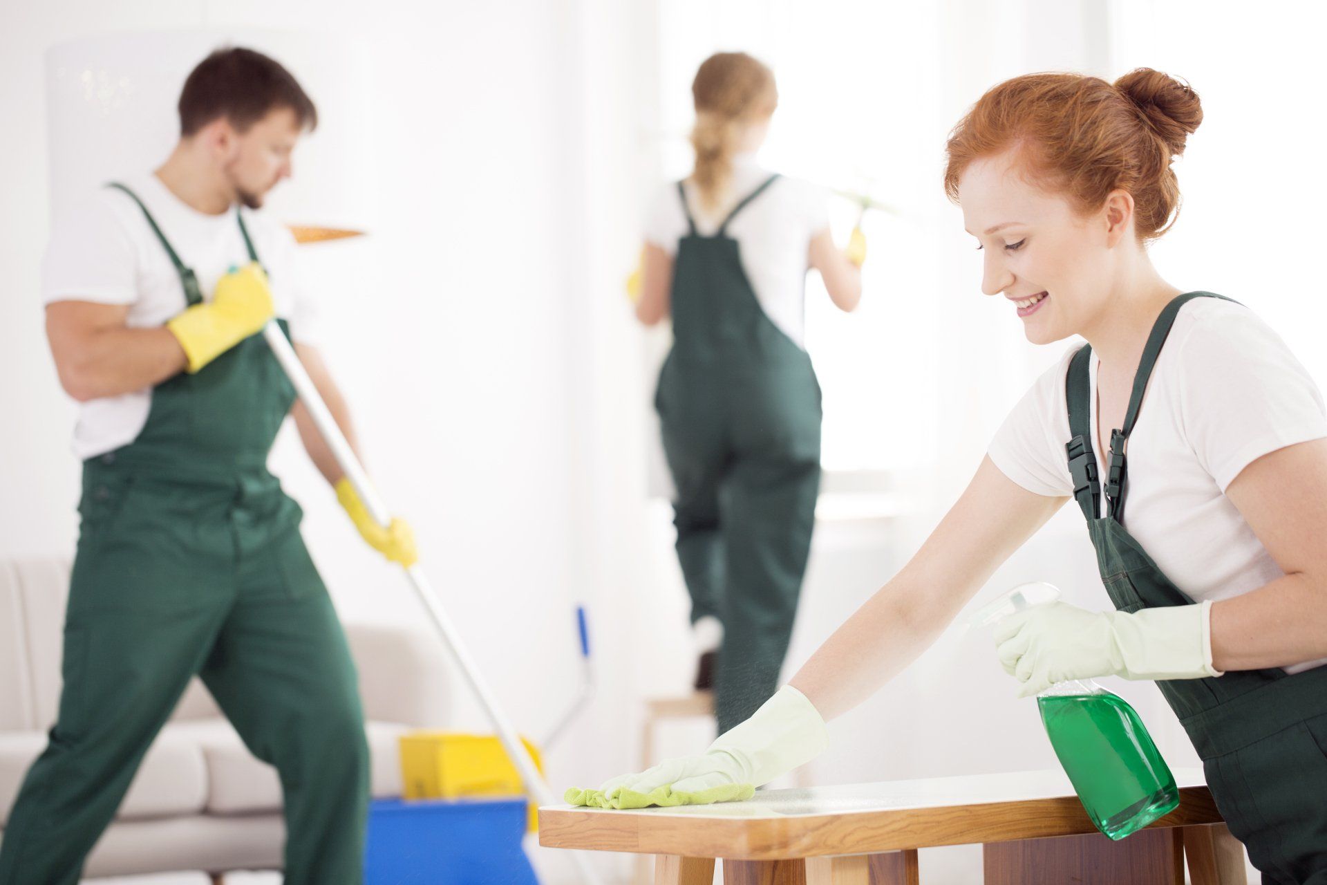 A group of people are cleaning a living room.