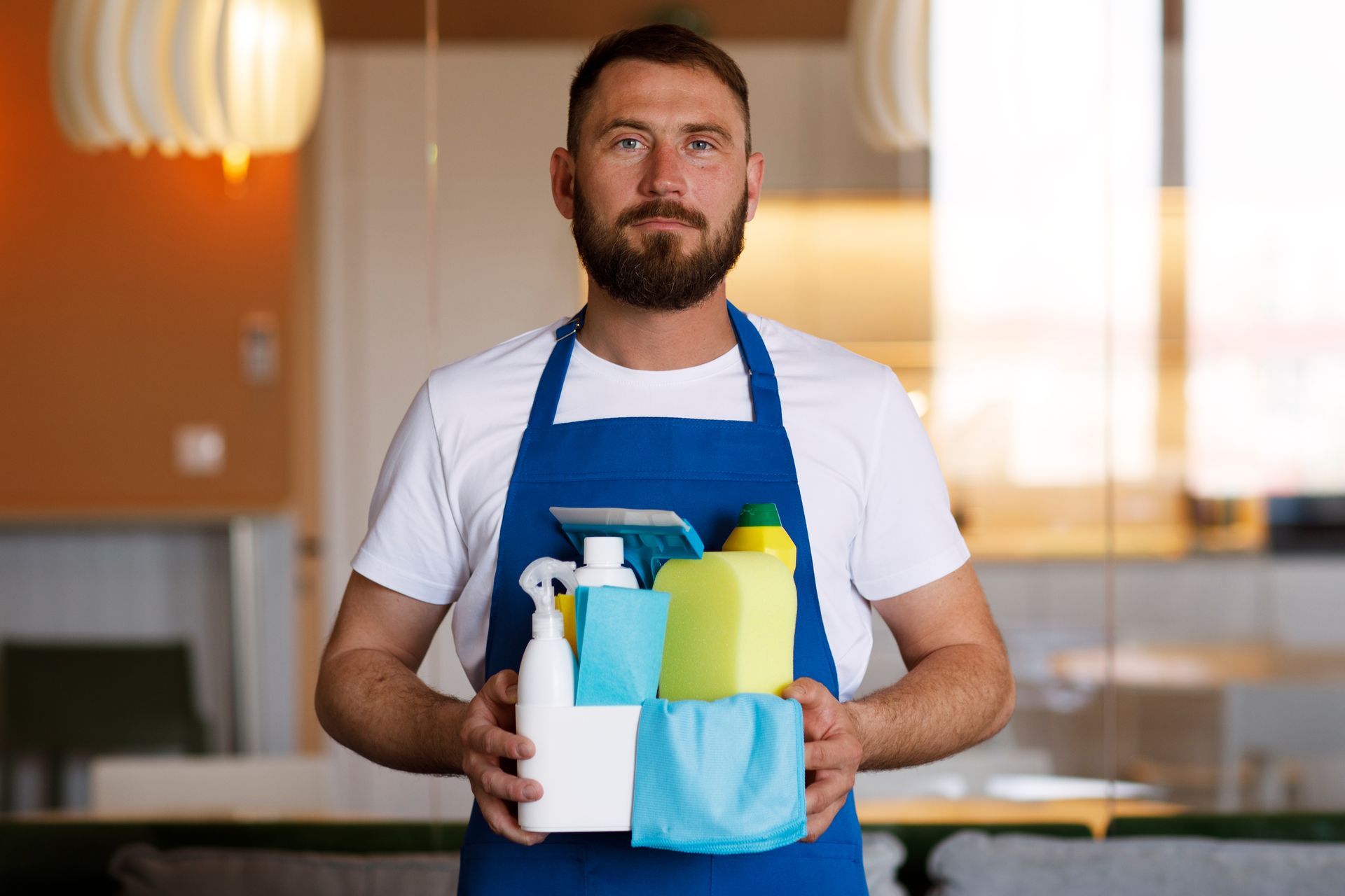 A man in an apron is holding cleaning supplies in his hands.
