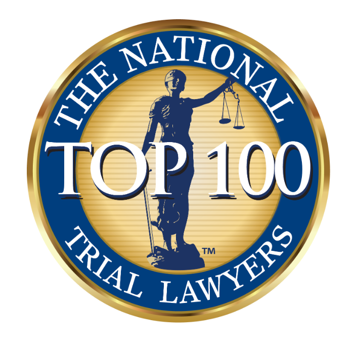The National Top 100 Trial Lawyers gold and blue award emblem with Lady Justice and scales